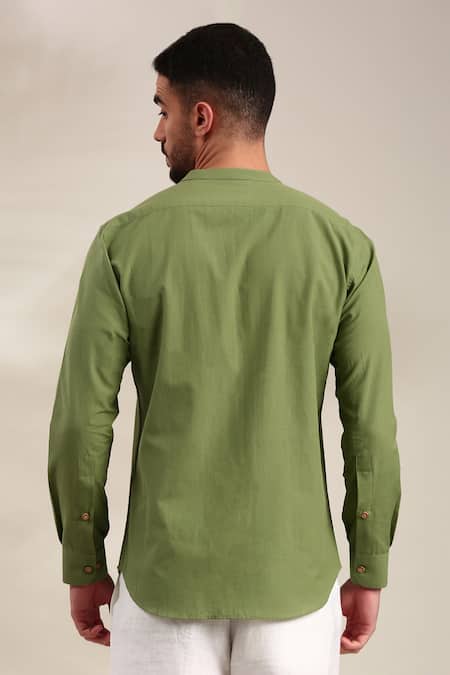 Shop_Mayank Modi - Men_Green Cotton Embroidery Pin-tuck Detailed Shirt _at_Aza_Fashions