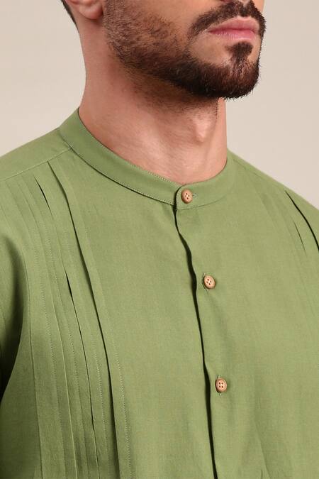 Mayank Modi - Men_Green Cotton Embroidery Pin-tuck Detailed Shirt _Online_at_Aza_Fashions