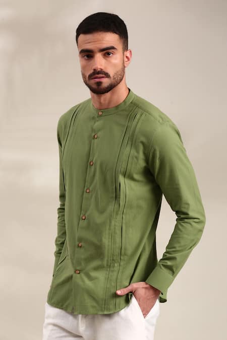 Buy_Mayank Modi - Men_Green Cotton Embroidery Pin-tuck Detailed Shirt _Online_at_Aza_Fashions