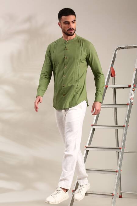 Shop_Mayank Modi - Men_Green Cotton Embroidery Pin-tuck Detailed Shirt _Online_at_Aza_Fashions