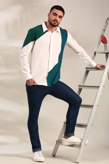 Shop_Mayank Modi - Men_Blue Cotton Geometric Pattern Malai Shirt For Kids_Online_at_Aza_Fashions