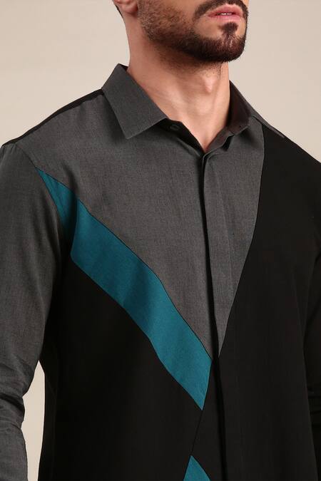 Mayank Modi - Men_Black Cotton Geometric Panel Shirt For Kids_Online_at_Aza_Fashions