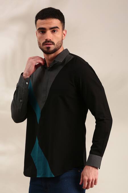 Buy_Mayank Modi - Men_Black Cotton Geometric Panel Shirt For Kids_Online_at_Aza_Fashions