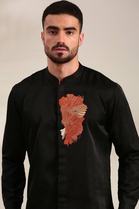Mayank Modi - Men_Black Embroidery Floral Shirt For Kids_Online_at_Aza_Fashions
