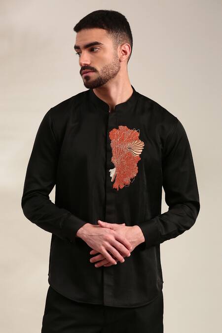 Buy_Mayank Modi - Men_Black Embroidery Floral Shirt For Kids_Online_at_Aza_Fashions