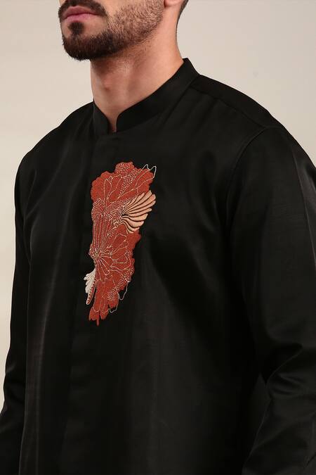 Shop_Mayank Modi - Men_Black Embroidery Floral Shirt For Kids_Online_at_Aza_Fashions