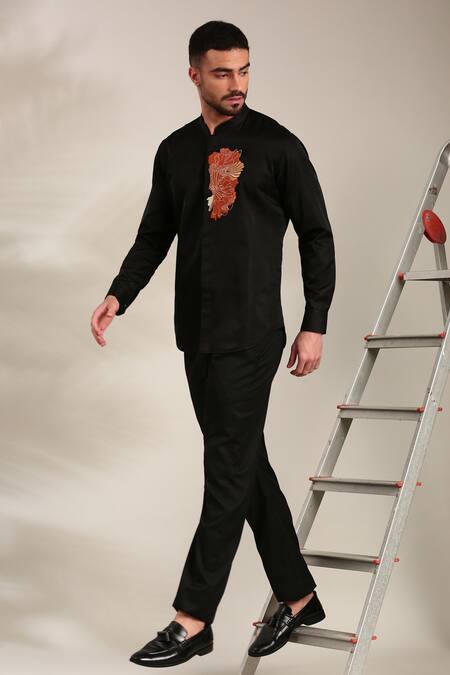 Mayank Modi - Men_Black Embroidery Floral Shirt For Kids_at_Aza_Fashions