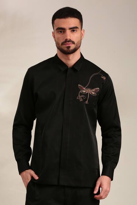 Mayank Modi - Men_Black Silk Embroidery Dragonfly Shirt For Kids_Online_at_Aza_Fashions