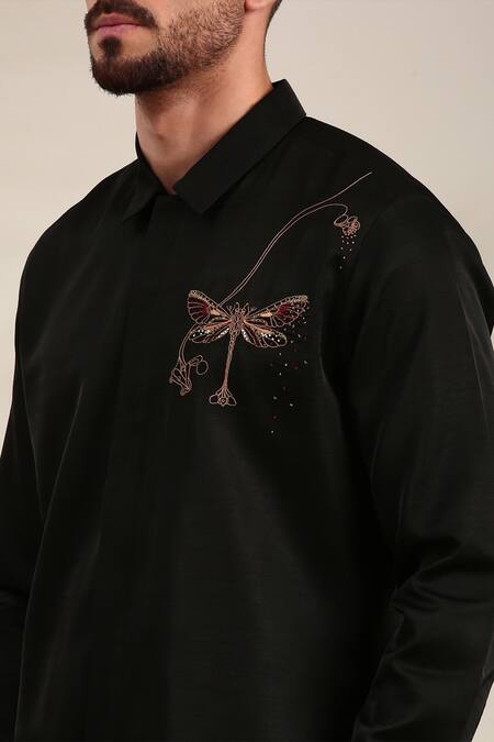 Buy_Mayank Modi - Men_Black Silk Embroidery Dragonfly Shirt For Kids_Online_at_Aza_Fashions