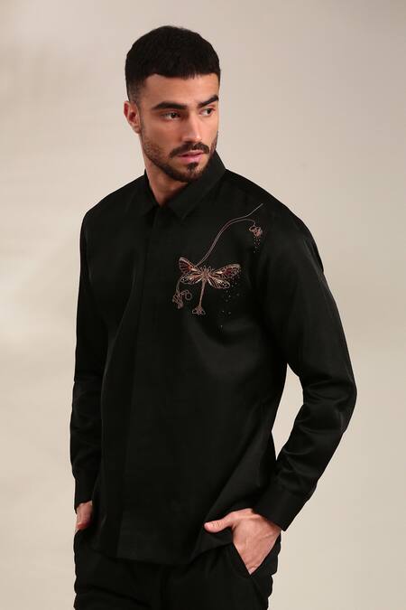 Shop_Mayank Modi - Men_Black Silk Embroidery Dragonfly Shirt For Kids_Online_at_Aza_Fashions