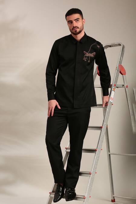 Mayank Modi - Men_Black Silk Embroidery Dragonfly Shirt For Kids_at_Aza_Fashions