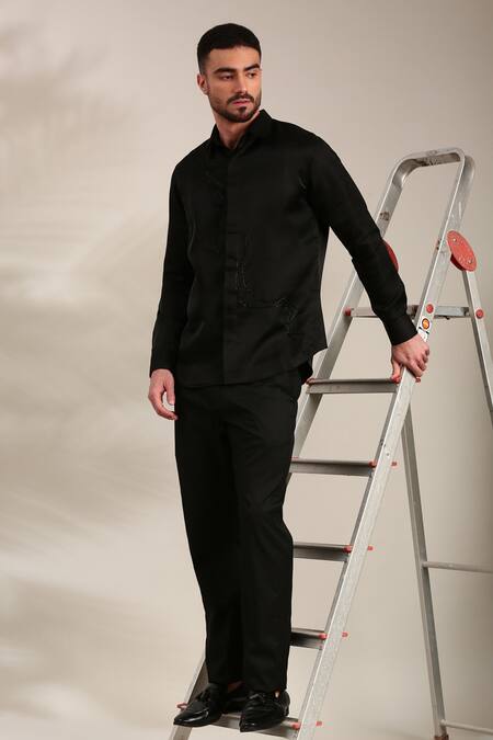 Shop_Mayank Modi - Men_Black Beads Embroidered Front Shirt _Online_at_Aza_Fashions