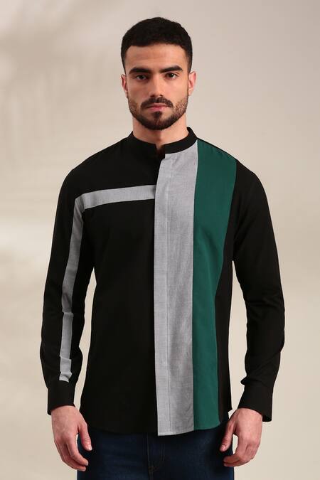 Mayank Modi - Men_Black Cotton Geometric Panel Shirt _Online_at_Aza_Fashions