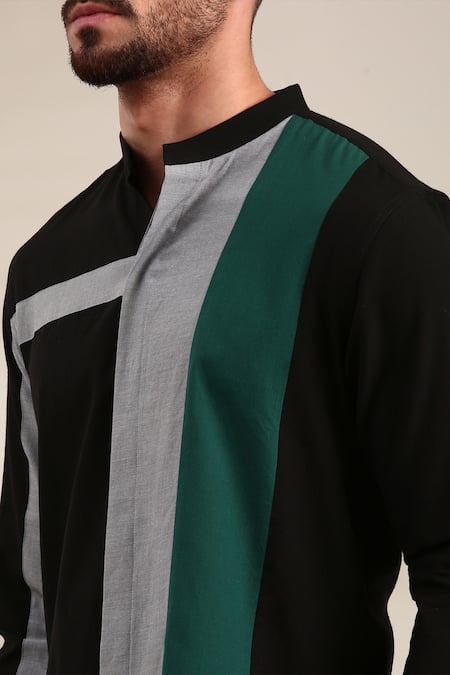 Buy_Mayank Modi - Men_Black Cotton Geometric Panel Shirt _Online_at_Aza_Fashions