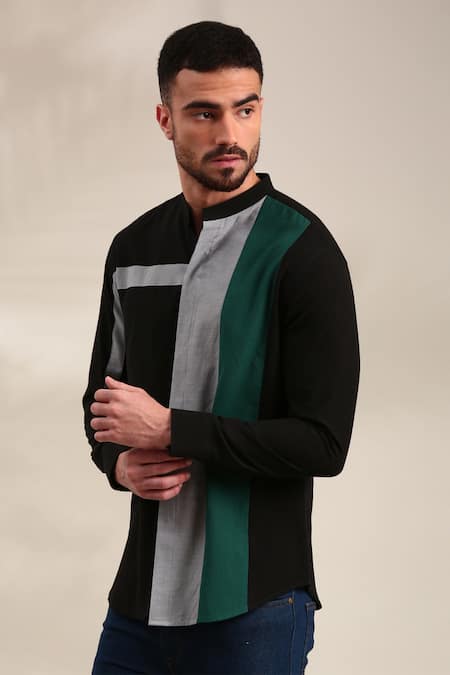 Shop_Mayank Modi - Men_Black Cotton Geometric Panel Shirt _Online_at_Aza_Fashions
