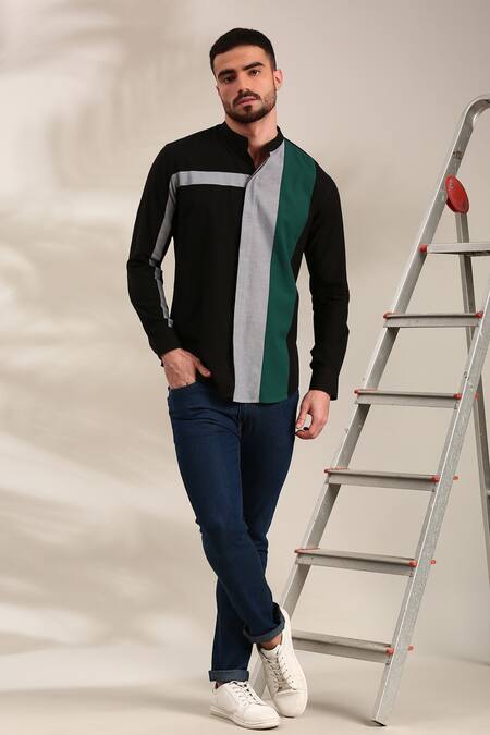 Mayank Modi - Men_Black Cotton Geometric Panel Shirt _at_Aza_Fashions