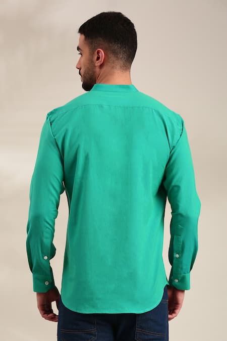 Shop_Mayank Modi - Men_Green Cotton Geometric Panelled Shirt _at_Aza_Fashions