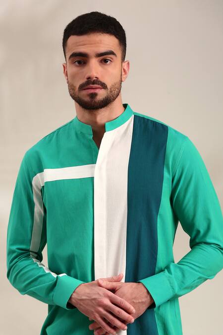 Mayank Modi - Men_Green Cotton Geometric Panelled Shirt _Online_at_Aza_Fashions