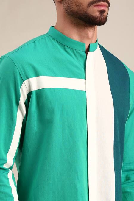 Buy_Mayank Modi - Men_Green Cotton Geometric Panelled Shirt _Online_at_Aza_Fashions