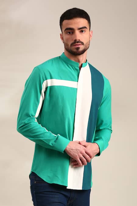 Shop_Mayank Modi - Men_Green Cotton Geometric Panelled Shirt _Online_at_Aza_Fashions