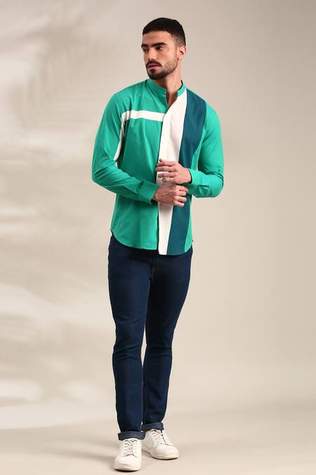 Mayank Modi - Men_Green Cotton Geometric Panelled Shirt _at_Aza_Fashions