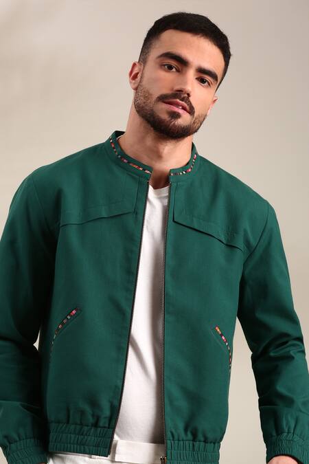 Mayank Modi - Men_Blue Cotton Front Pocket Bomber Jacket _Online_at_Aza_Fashions