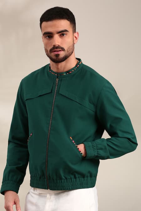 Shop_Mayank Modi - Men_Blue Cotton Front Pocket Bomber Jacket _Online_at_Aza_Fashions