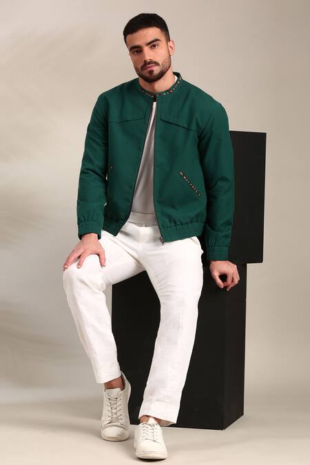 Mayank Modi - Men_Blue Cotton Front Pocket Bomber Jacket _at_Aza_Fashions