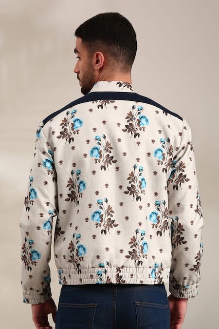 Shop_Mayank Modi - Men_Off White Linen, Cotton Embroidery Floral Print Bomber Jacket _at_Aza_Fashions