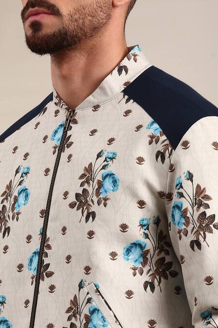 Mayank Modi - Men_Off White Linen, Cotton Embroidery Floral Print Bomber Jacket _Online_at_Aza_Fashions
