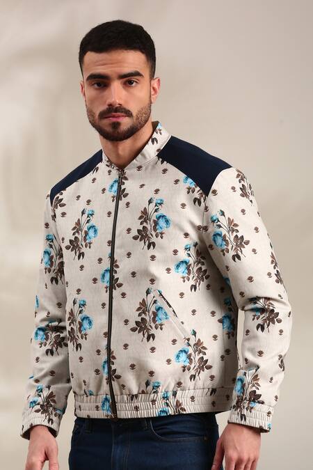 Buy_Mayank Modi - Men_Off White Linen, Cotton Embroidery Floral Print Bomber Jacket _Online_at_Aza_Fashions