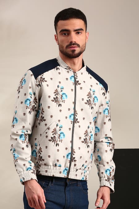 Shop_Mayank Modi - Men_Off White Linen, Cotton Embroidery Floral Print Bomber Jacket _Online_at_Aza_Fashions