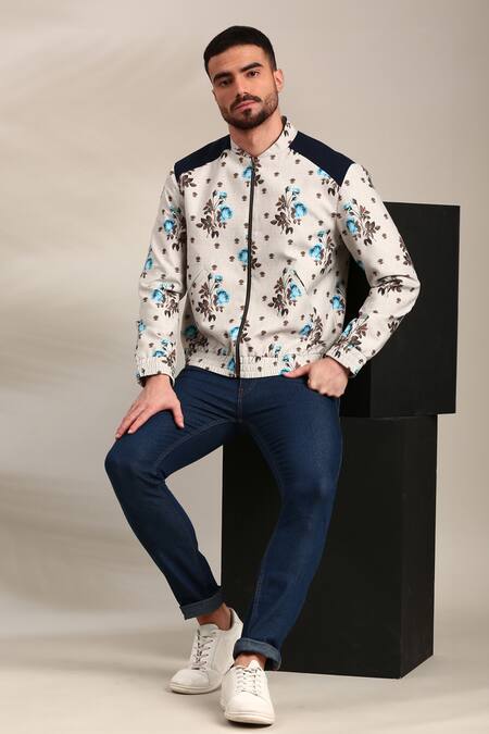 Mayank Modi - Men_Off White Linen, Cotton Embroidery Floral Print Bomber Jacket _at_Aza_Fashions