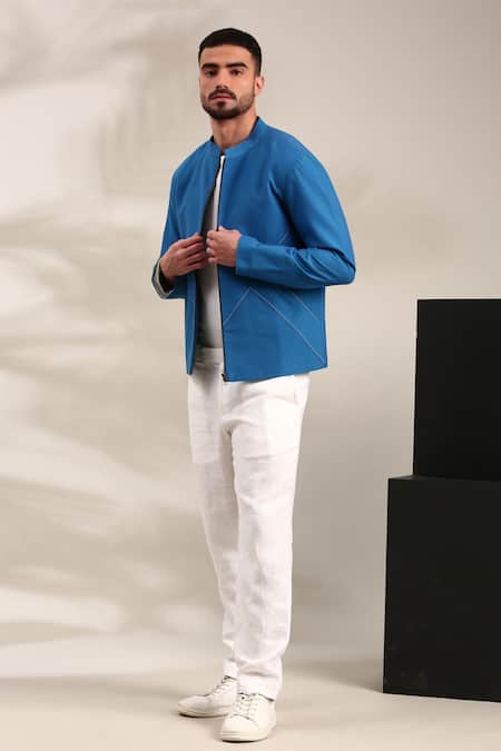 Mayank Modi - Men Blue Malai Cotton Embellished Thread Bomber Jacket 