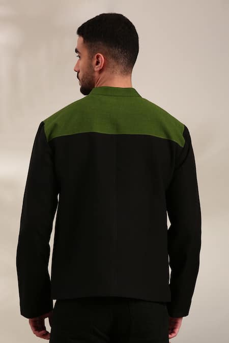 Shop_Mayank Modi - Men_Black Cotton Panel Detailed Bomber Jacket _at_Aza_Fashions