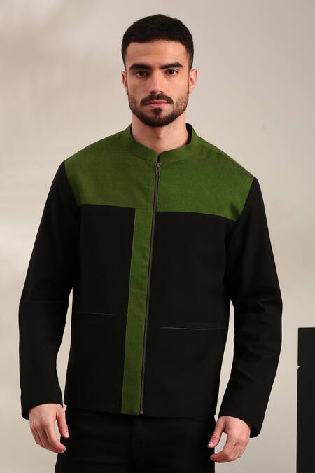 Mayank Modi - Men_Black Cotton Panel Detailed Bomber Jacket _Online_at_Aza_Fashions