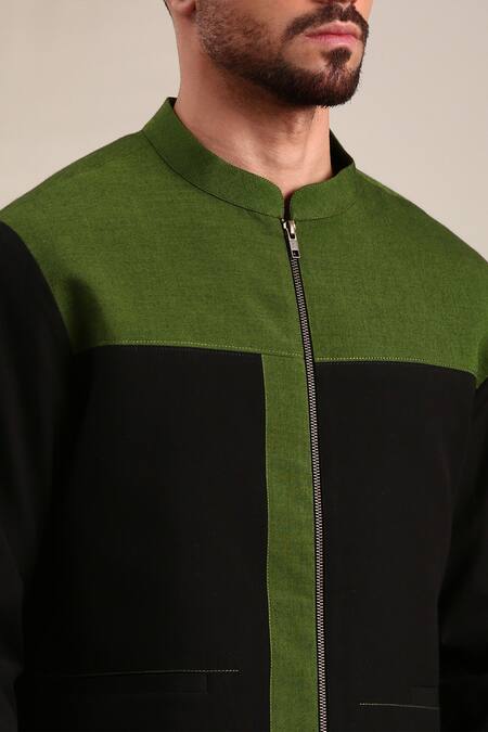 Buy_Mayank Modi - Men_Black Cotton Panel Detailed Bomber Jacket _Online_at_Aza_Fashions