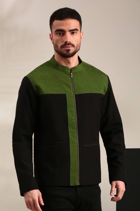 Shop_Mayank Modi - Men_Black Cotton Panel Detailed Bomber Jacket _Online_at_Aza_Fashions