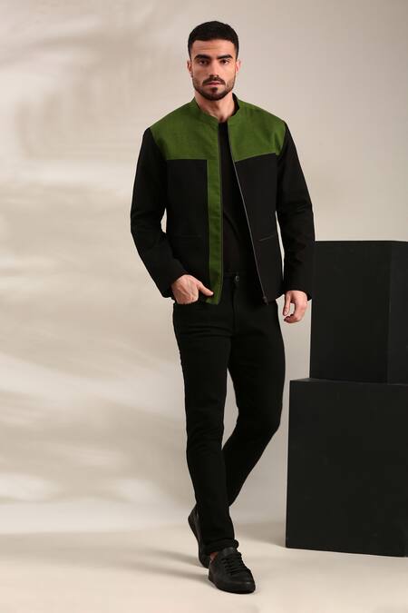 Mayank Modi - Men_Black Cotton Panel Detailed Bomber Jacket _at_Aza_Fashions