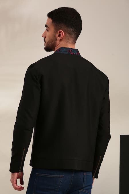 Shop Mayank Modi - Men Black Cotton, Linen Floral Print Collar Bomber Jacket at Aza Fashions Shop_Mayank Modi - Men_Black Cotton, Linen Floral Print Collar Bomber Jacket _at_Aza_Fashions