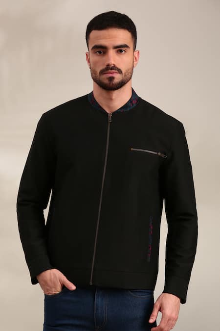 Mayank Modi - Men Black Cotton, Linen Floral Print Collar Bomber Jacket Online at Aza Fashions Mayank Modi - Men_Black Cotton, Linen Floral Print Collar Bomber Jacket _Online_at_Aza_Fashions