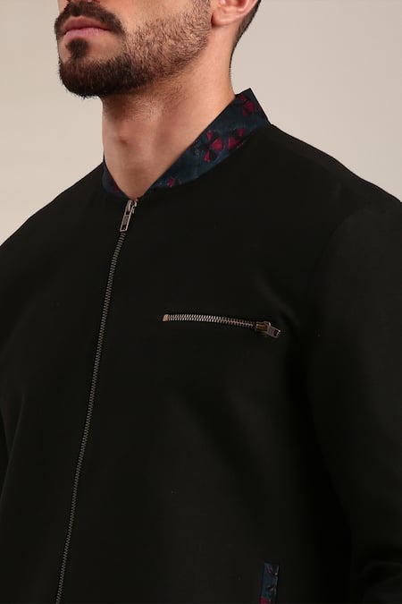 Shop Mayank Modi - Men Black Cotton, Linen Floral Print Collar Bomber Jacket Online at Aza Fashions Shop_Mayank Modi - Men_Black Cotton, Linen Floral Print Collar Bomber Jacket _Online_at_Aza_Fashions