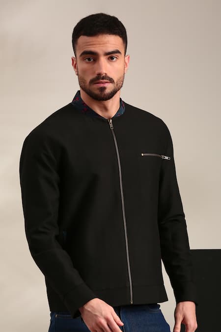 Mayank Modi - Men Black Cotton, Linen Floral Print Collar Bomber Jacket at Aza Fashions Mayank Modi - Men_Black Cotton, Linen Floral Print Collar Bomber Jacket _at_Aza_Fashions
