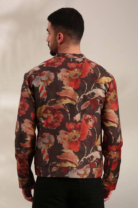 Shop Mayank Modi - Men Brown Muslin Abstract Floral Print Bomber Jacket at Aza Fashions Shop_Mayank Modi - Men_Brown Muslin Abstract Floral Print Bomber Jacket_at_Aza_Fashions