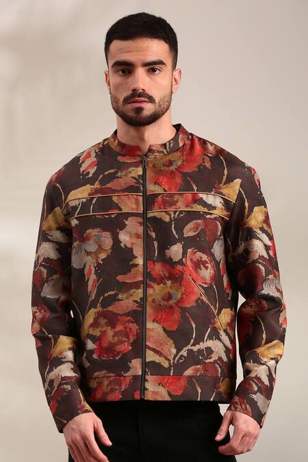 Mayank Modi - Men Brown Muslin Abstract Floral Print Bomber Jacket Online at Aza Fashions Mayank Modi - Men_Brown Muslin Abstract Floral Print Bomber Jacket_Online_at_Aza_Fashions