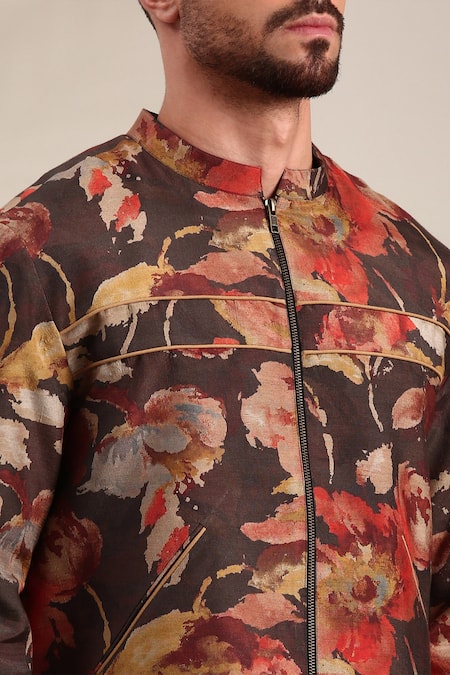 Buy Mayank Modi - Men Brown Muslin Abstract Floral Print Bomber Jacket Online at Aza Fashions Buy_Mayank Modi - Men_Brown Muslin Abstract Floral Print Bomber Jacket_Online_at_Aza_Fashions