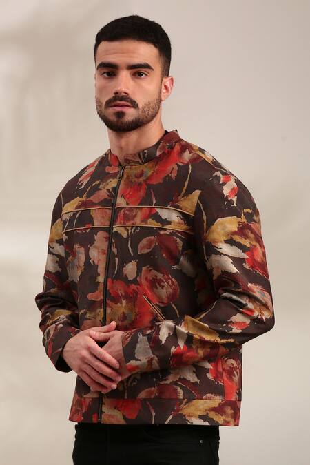 Shop Mayank Modi - Men Brown Muslin Abstract Floral Print Bomber Jacket Online at Aza Fashions Shop_Mayank Modi - Men_Brown Muslin Abstract Floral Print Bomber Jacket_Online_at_Aza_Fashions