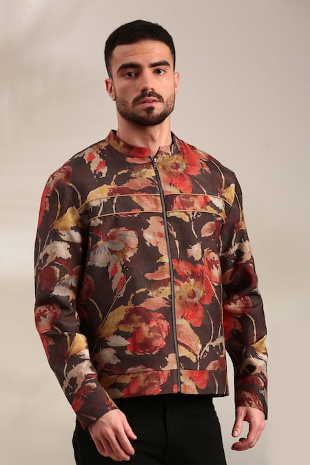 Mayank Modi - Men Brown Muslin Abstract Floral Print Bomber Jacket at Aza Fashions Mayank Modi - Men_Brown Muslin Abstract Floral Print Bomber Jacket_at_Aza_Fashions