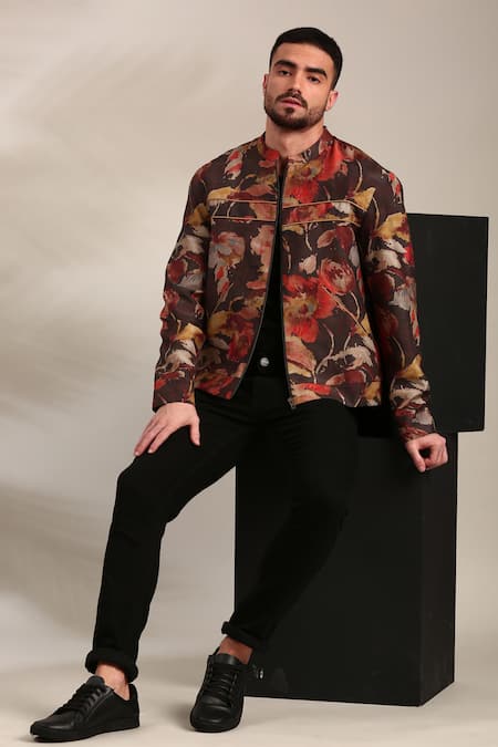 Buy Mayank Modi - Men Brown Muslin Abstract Floral Print Bomber Jacket Buy_Mayank Modi - Men_Brown Muslin Abstract Floral Print Bomber Jacket