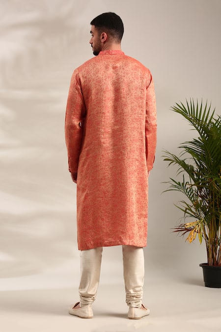 Shop Mayank Modi - Men Orange Linen Embroidery Floral Woven Straight Kurta With Churidar at Aza Fashions Shop_Mayank Modi - Men_Orange Linen Embroidery Floral Woven Straight Kurta With Churidar_at_Aza_Fashions